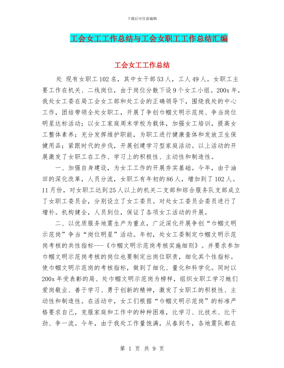 工会女工工作总结与工会女职工工作总结汇编_第1页