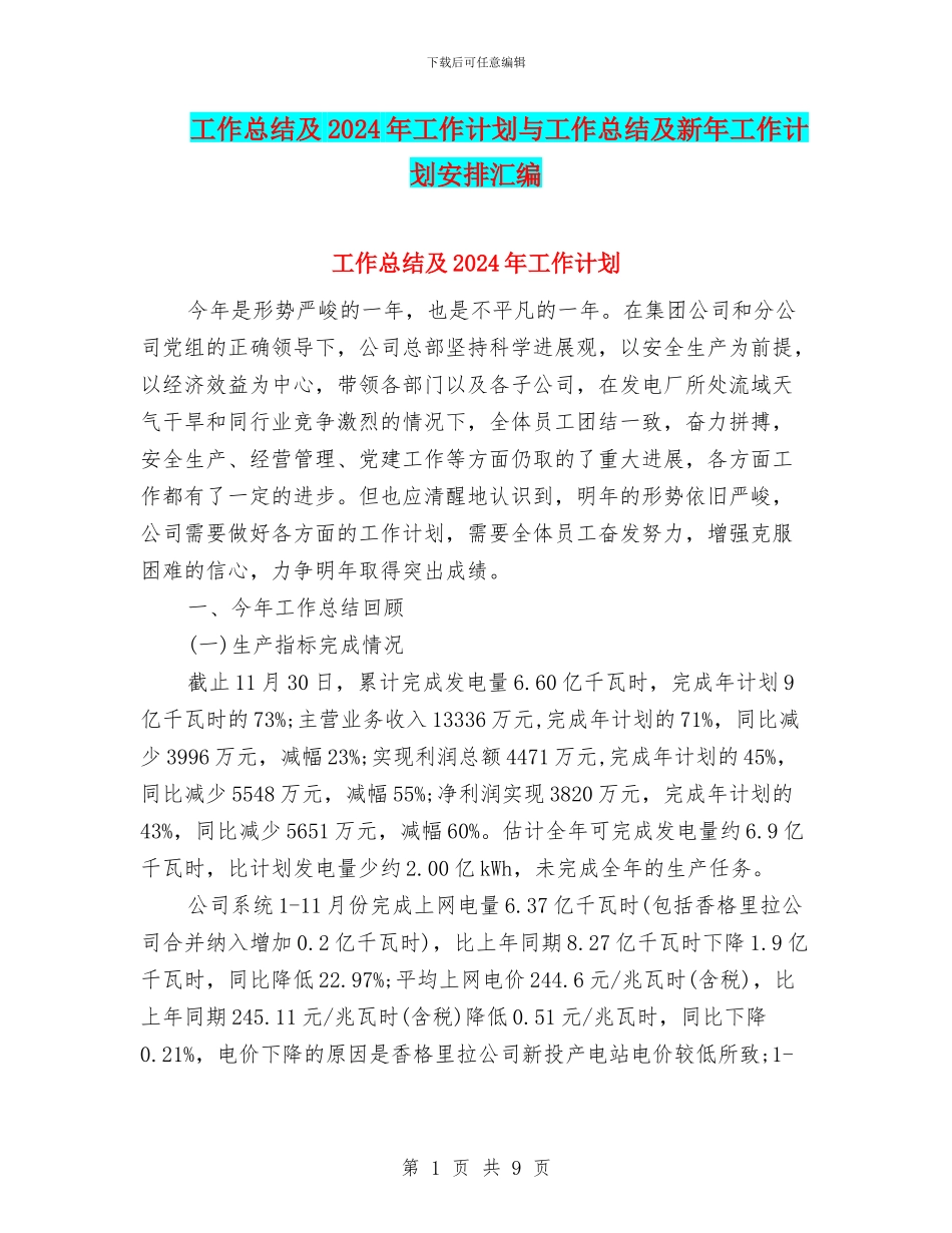 工作总结及2024年工作计划与工作总结及新年工作计划安排汇编_第1页