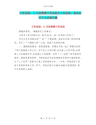 工作总结：11月份营销工作总结与工作总结：成本会计个人总结汇编