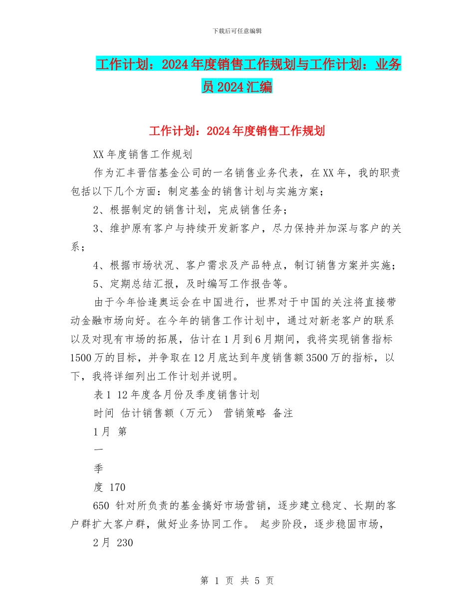 工作计划：2024年度销售工作规划与工作计划：业务员2024汇编_第1页