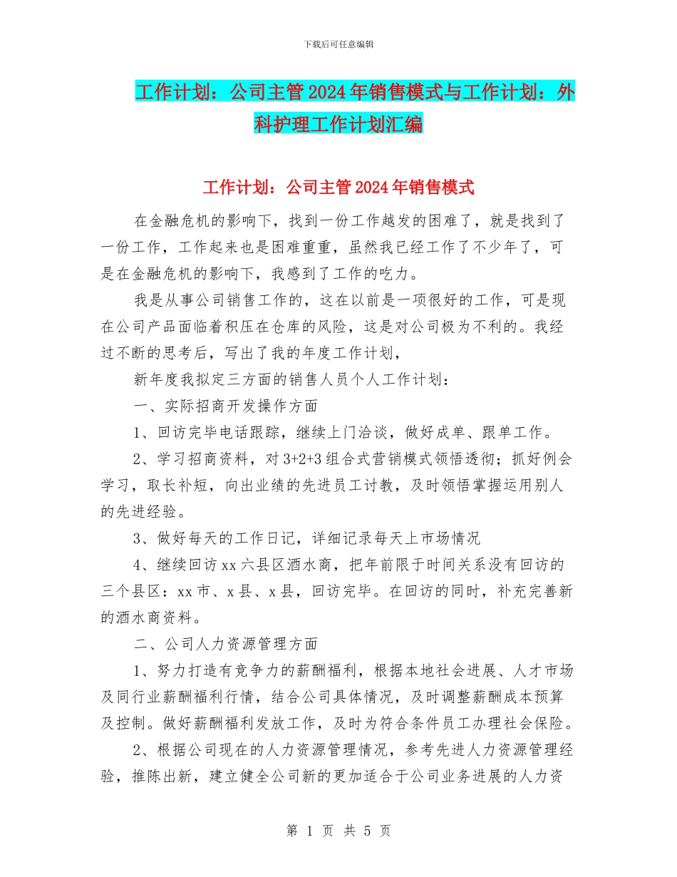 工作计划：公司主管2024年销售模式与工作计划：外科护理工作计划汇编_第1页