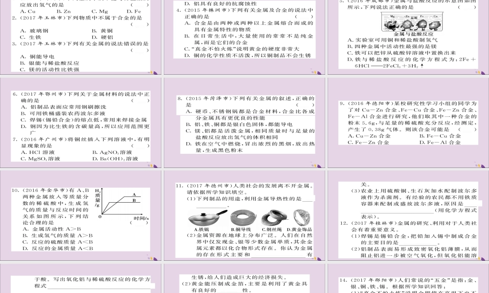 中考化学总复习 第一轮复习 系统梳理 夯基固本 第14讲 金属材料金属的化学性质练习课件