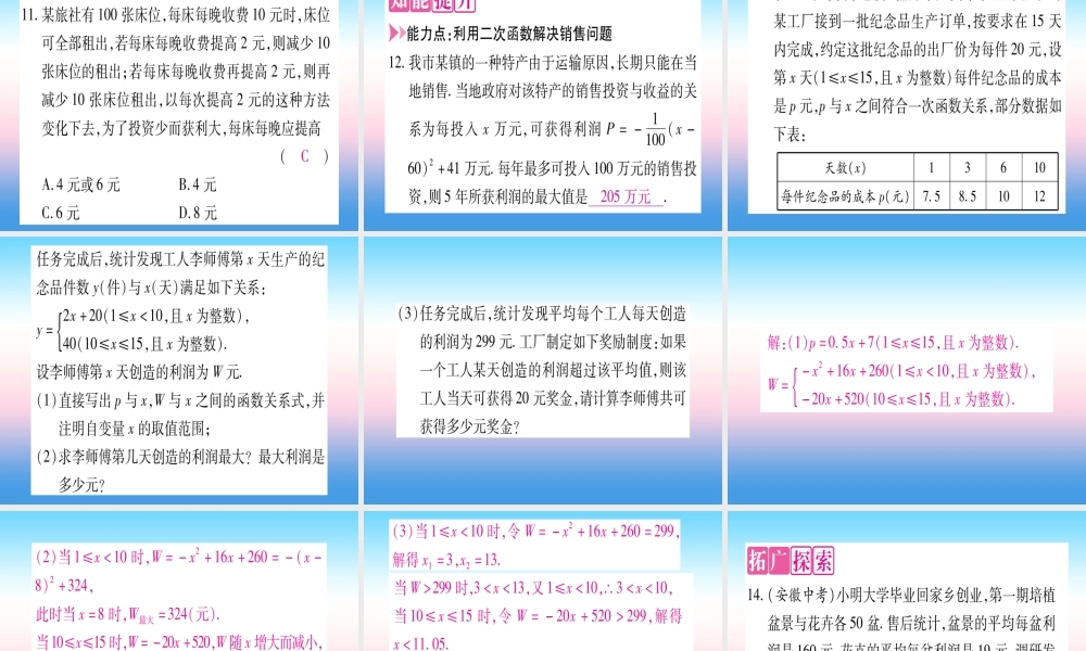 九年级数学下册 第1章 二次函数 15 二次函数的应用 第2课时 用二次函数解决销售问题作业课件 (新版)湘教版 课件