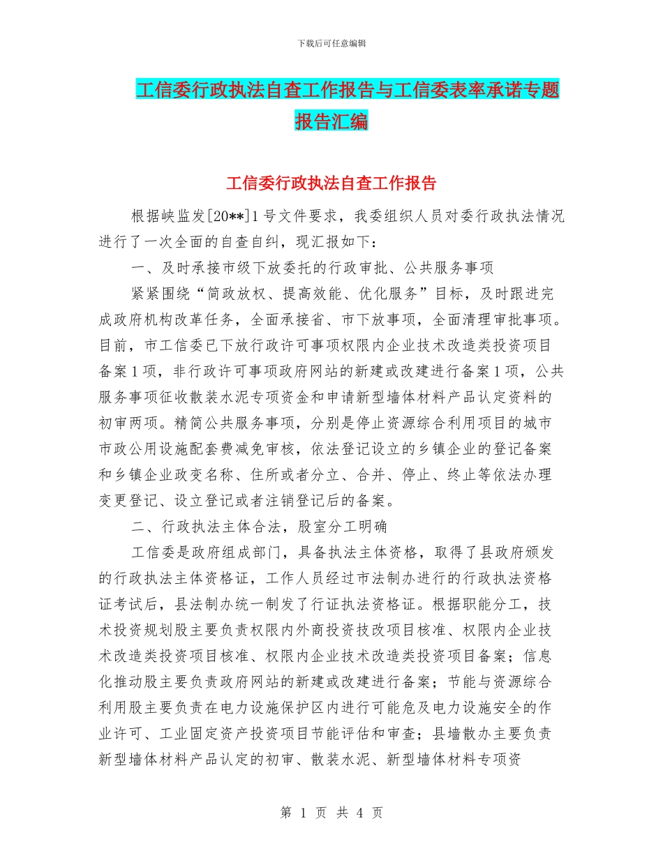 工信委行政执法自查工作报告与工信委表率承诺专题报告汇编_第1页