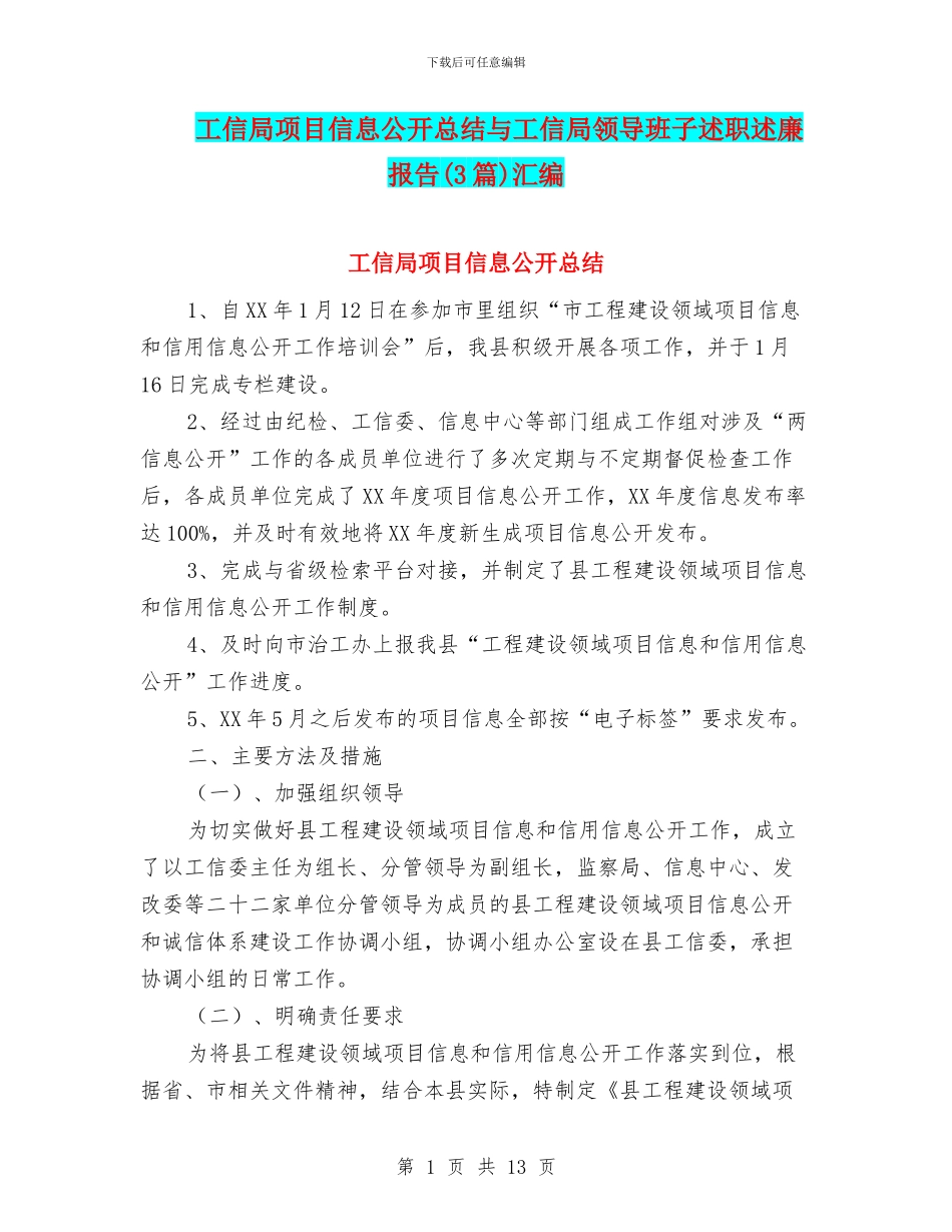 工信局项目信息公开总结与工信局领导班子述职述廉报告汇编_第1页