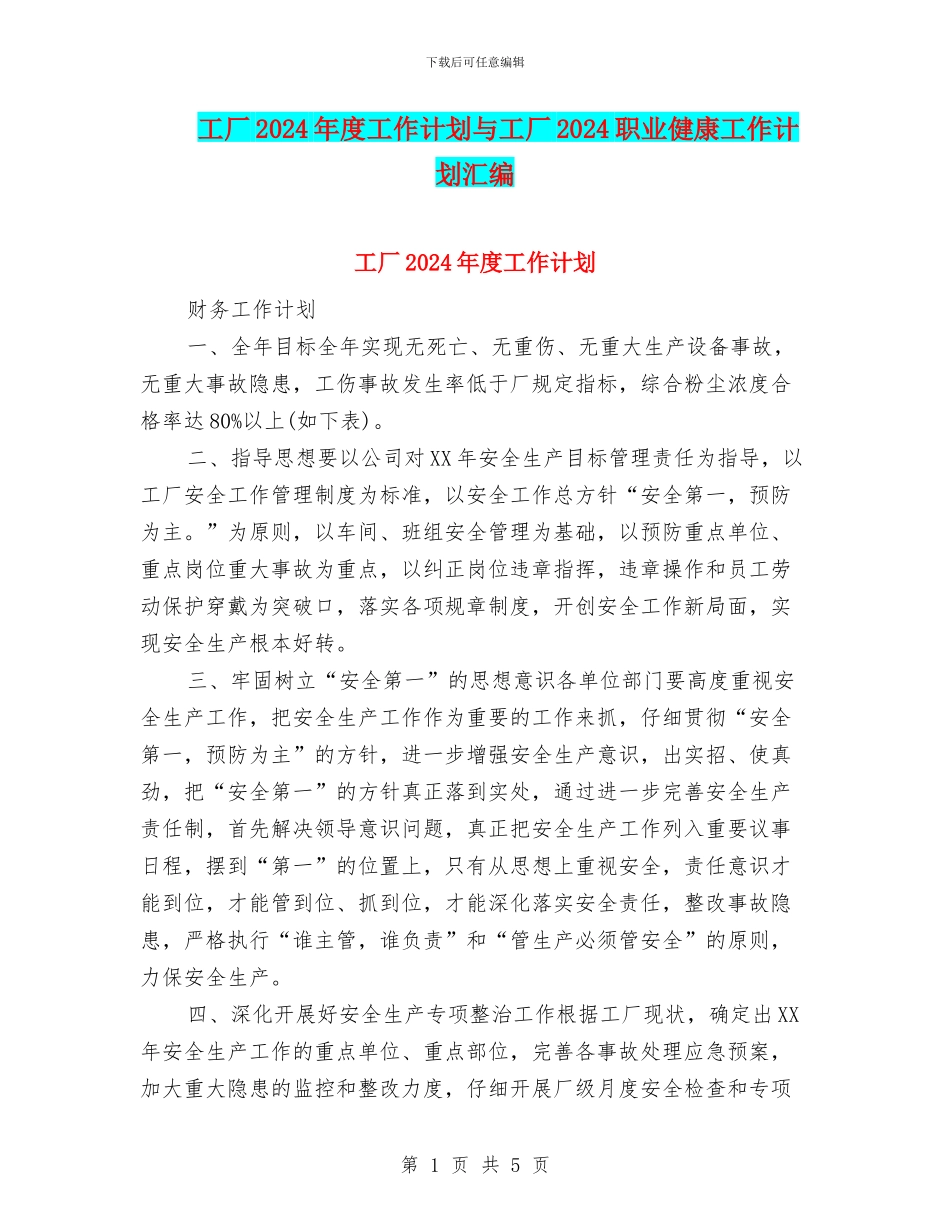 工厂2024年度工作计划与工厂2024职业健康工作计划汇编_第1页