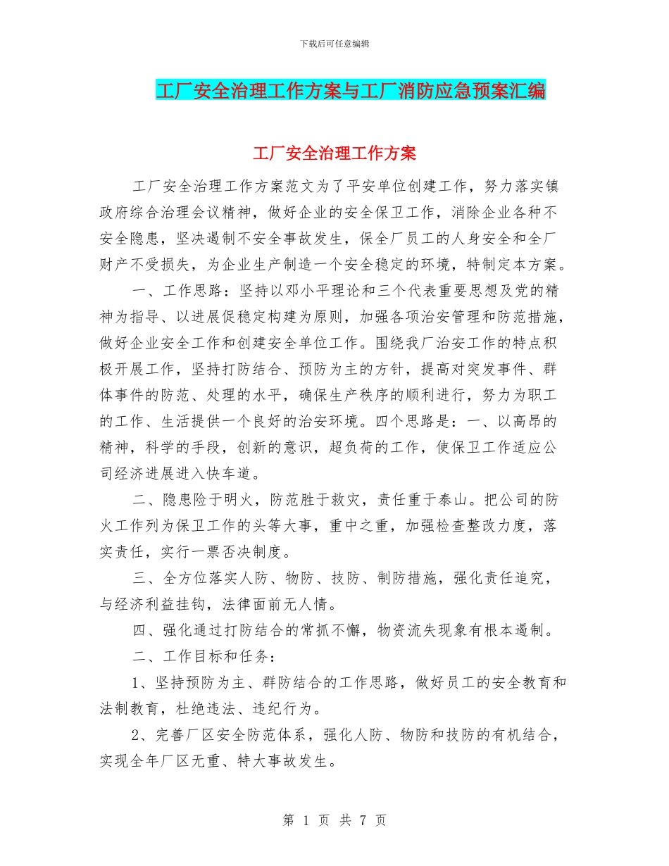 工厂安全治理工作方案与工厂消防应急预案汇编_第1页