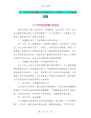 工厂打字员试用期工作总结与工厂技术个人工作总结汇编