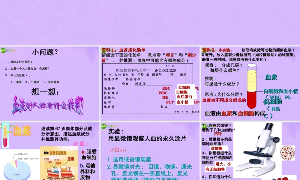 七年级生物下册 第四单元第四章第一节流动的组织血液部件 人教新课标版 课件