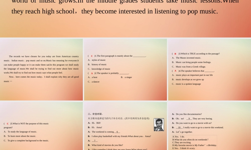 九年级英语全册 Unit 9 I like music that I can dance to Section A话题阅读与补全对话课件 (新版)人教新目标版 课件