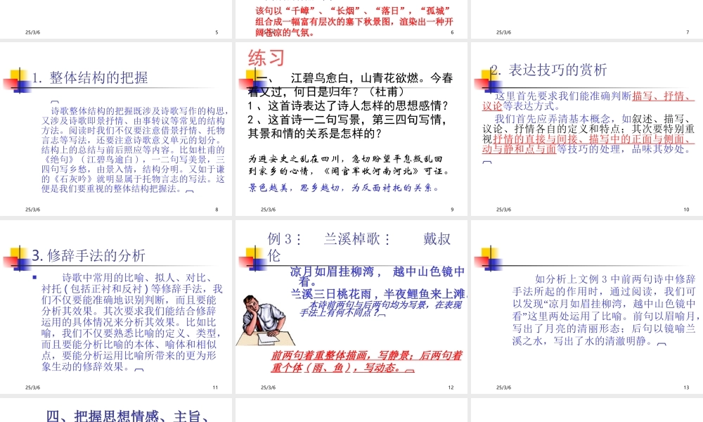 古诗鉴赏能力训练 高考专题指导 诗歌鉴赏课件锦[整理17套]人教版 高考专题指导 诗歌鉴赏课件锦[整理17套]人教版