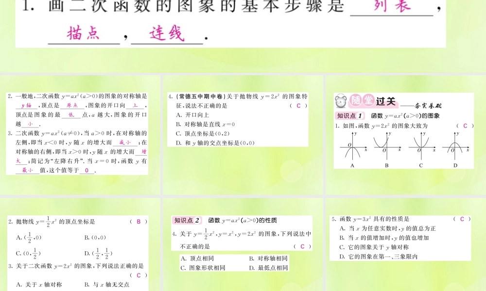 九年级数学下册 第1章 二次函数 12 二次函数的图象与性质 第1课时 二次函数yax2(a＞0)的图象与性质习题课件 (新版)湘教版 课件
