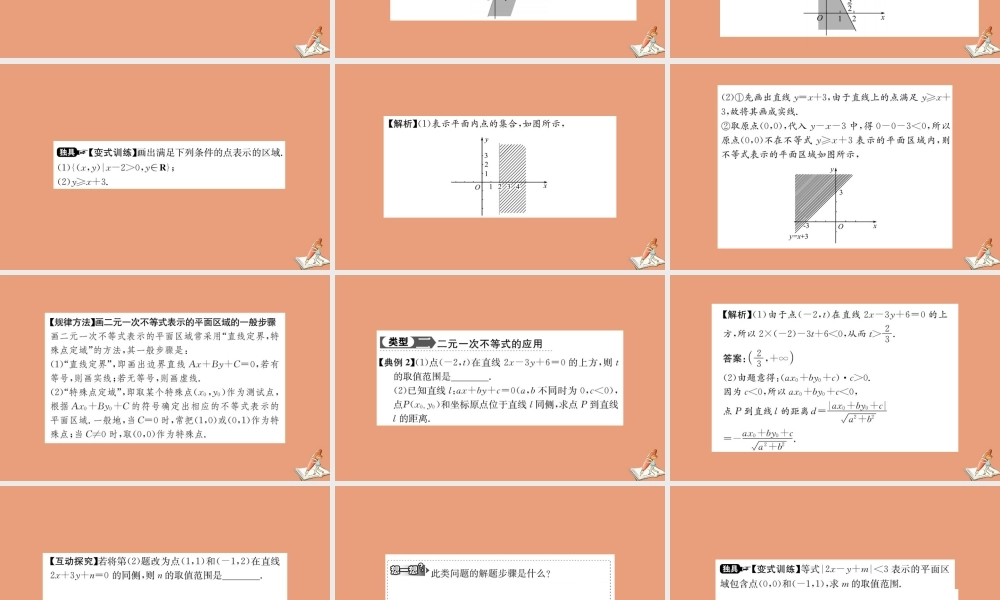 数学 第三章 不等式 3.3.1 二元一次不等式(组)与平面区域 第1课时 二元一次不等式表示的平面区域教学课件 新人教A版必修5 课件