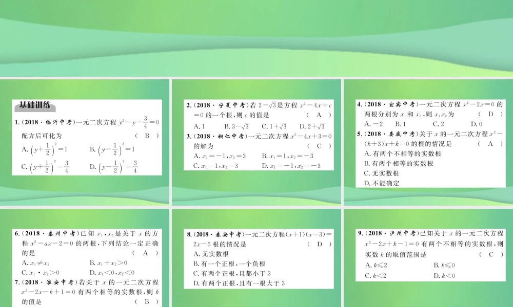 中考数学复习 第2章 方程(组)与不等式(组)第7课时 一元二次方程(精练)课件