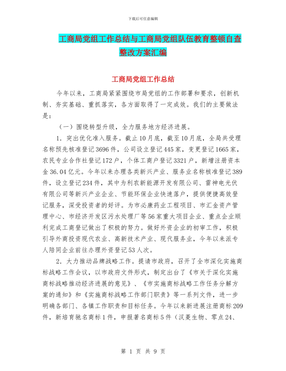 工商局党组工作总结与工商局党组队伍教育整顿自查整改方案汇编_第1页
