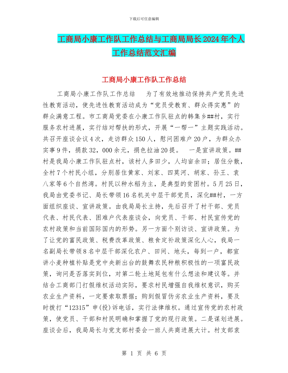 工商局小康工作队工作总结与工商局局长2024年个人工作总结范文汇编_第1页