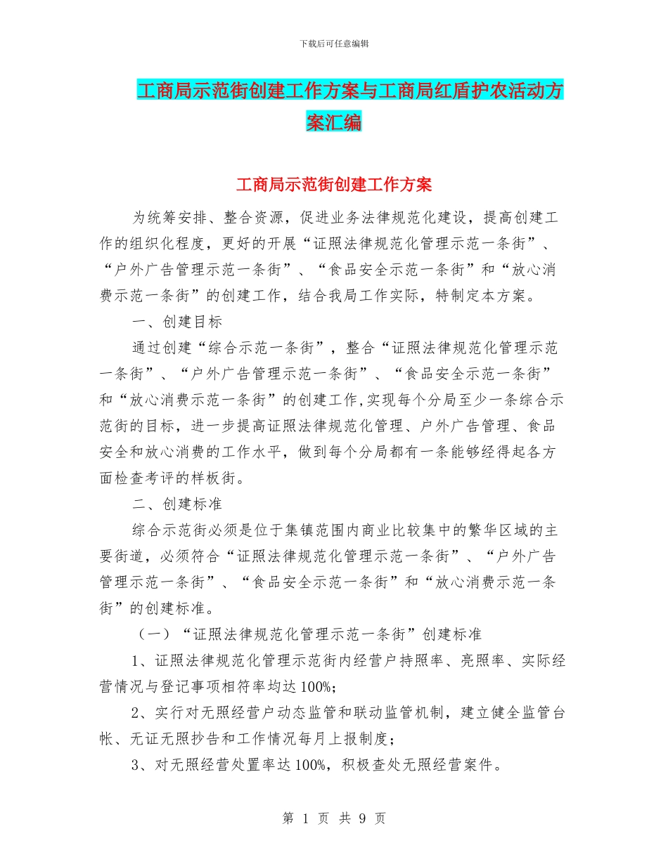 工商局示范街创建工作方案与工商局红盾护农活动方案汇编_第1页