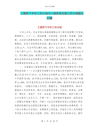 工商所下半年工作计划与工商所党支部工作计划例文汇编