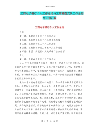工商电子银行个人工作总结与工商稽查支队工作总结与计划汇编