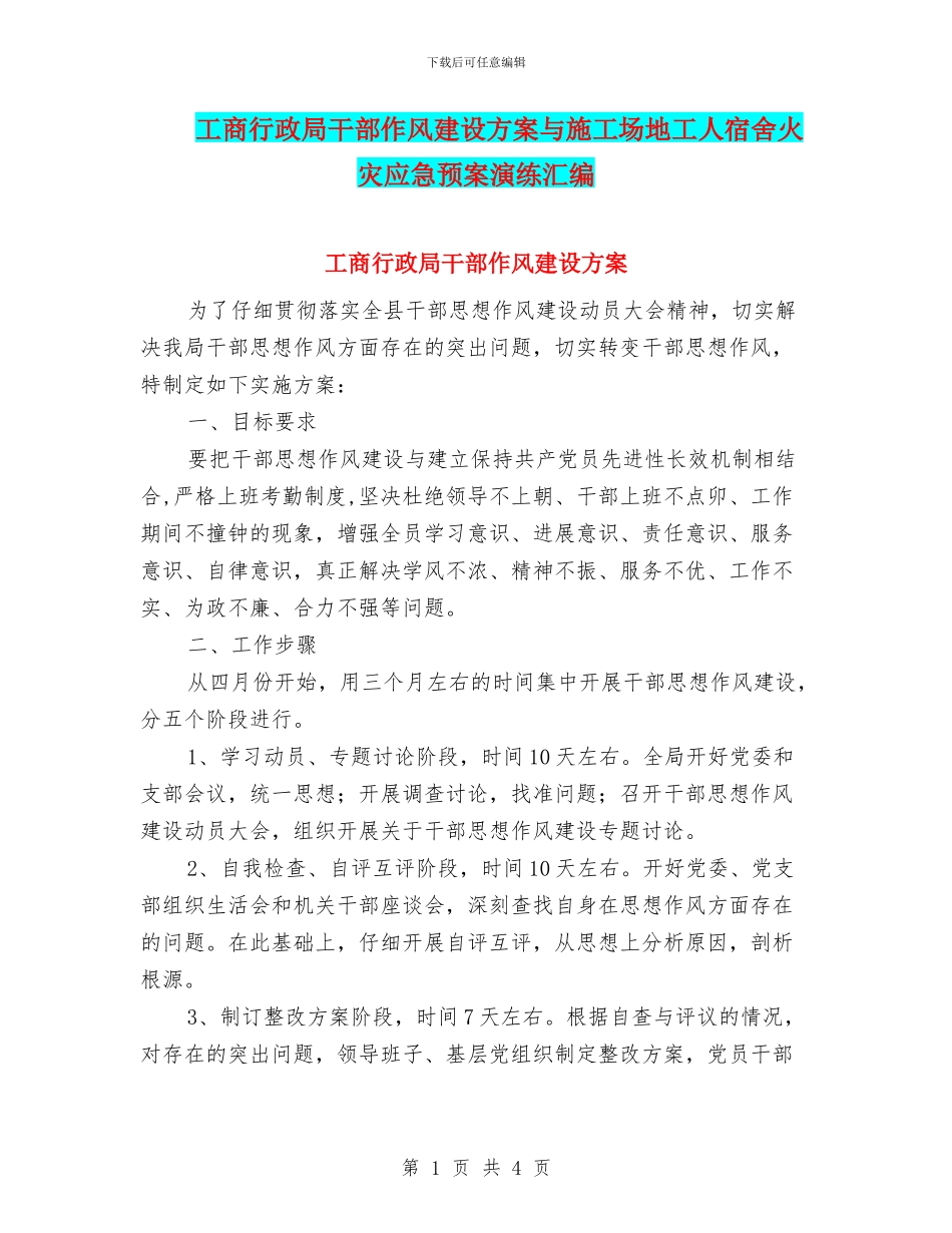 工商行政局干部作风建设方案与工地工人宿舍火灾应急预案演练汇编_第1页