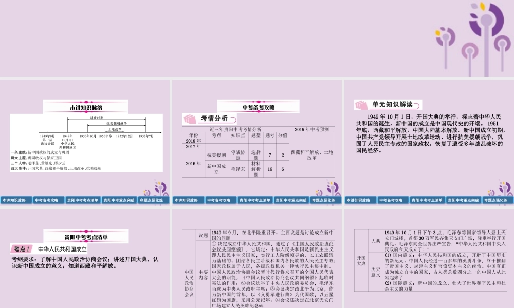 中考历史总复习 第一编 教材知识速查篇 模块二 中国现代史 第9讲 中华人民共和国的成立和巩固(精讲)课件