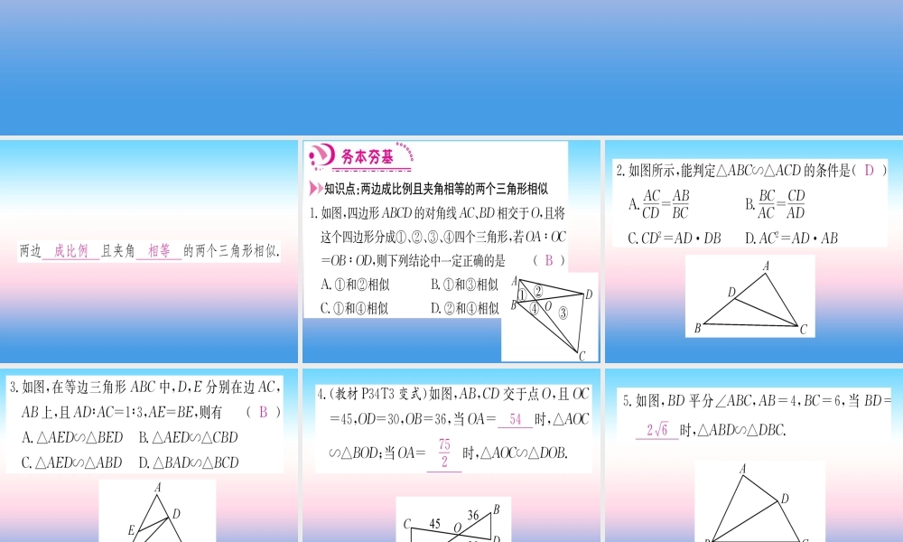 九年级数学下册 第27章 相似 272 相似三角形 2721 相似三角形的判定 第3课时 两边成比例且相应家教相等的两个三角形相似课堂导练课件(含中考真题)(新版)新人教版 课件