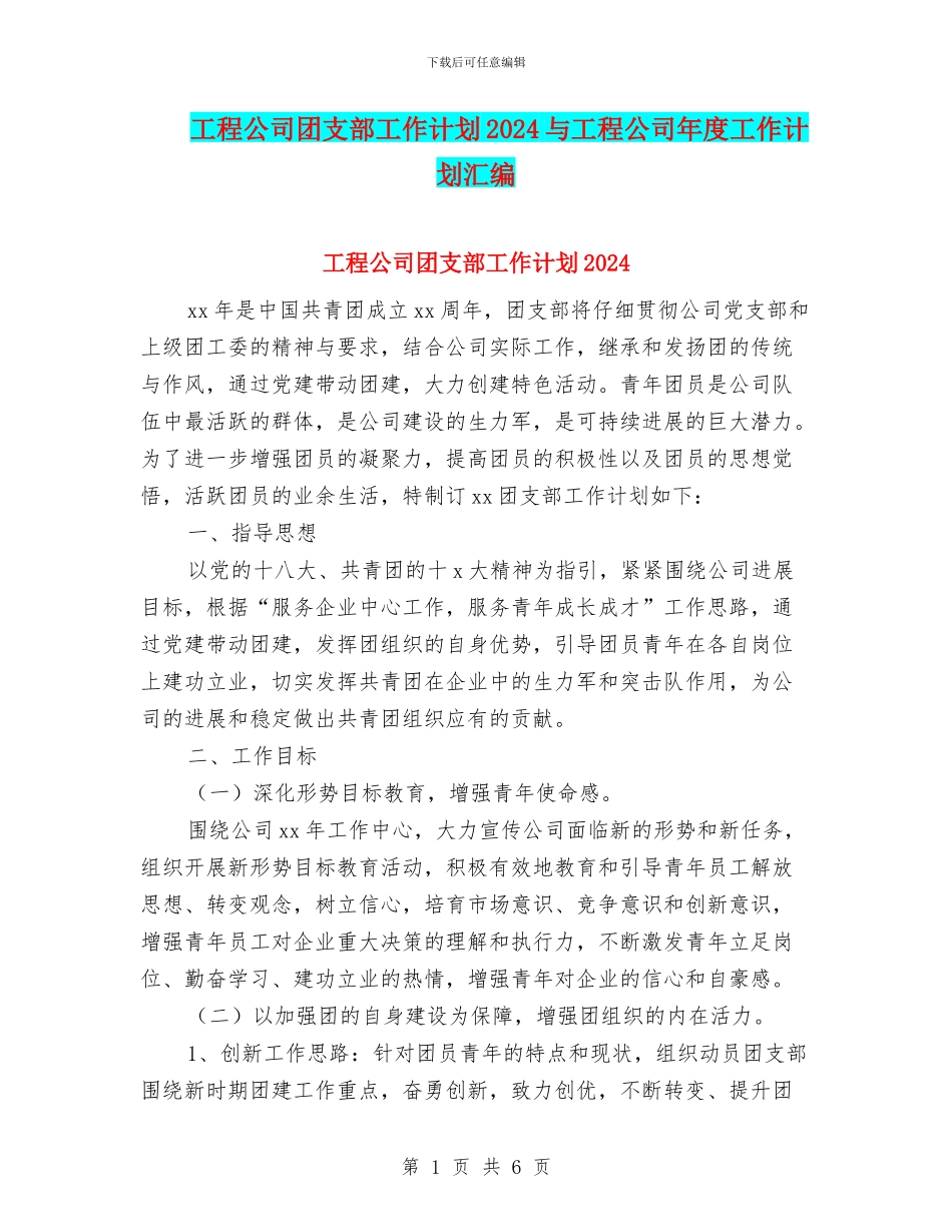 工程公司团支部工作计划2024与工程公司年度工作计划汇编_第1页