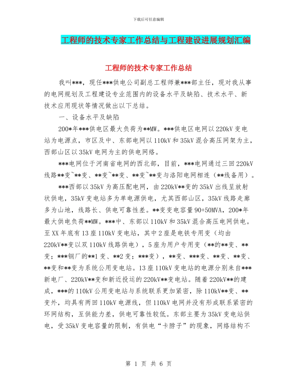 工程师的技术专家工作总结与工程建设发展规划汇编_第1页