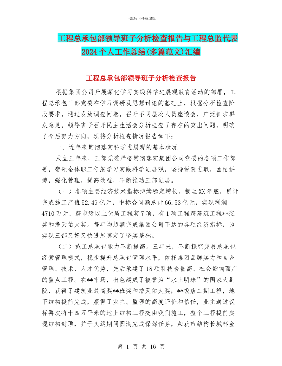 工程总承包部领导班子分析检查报告与工程总监代表2024个人工作总结汇编_第1页
