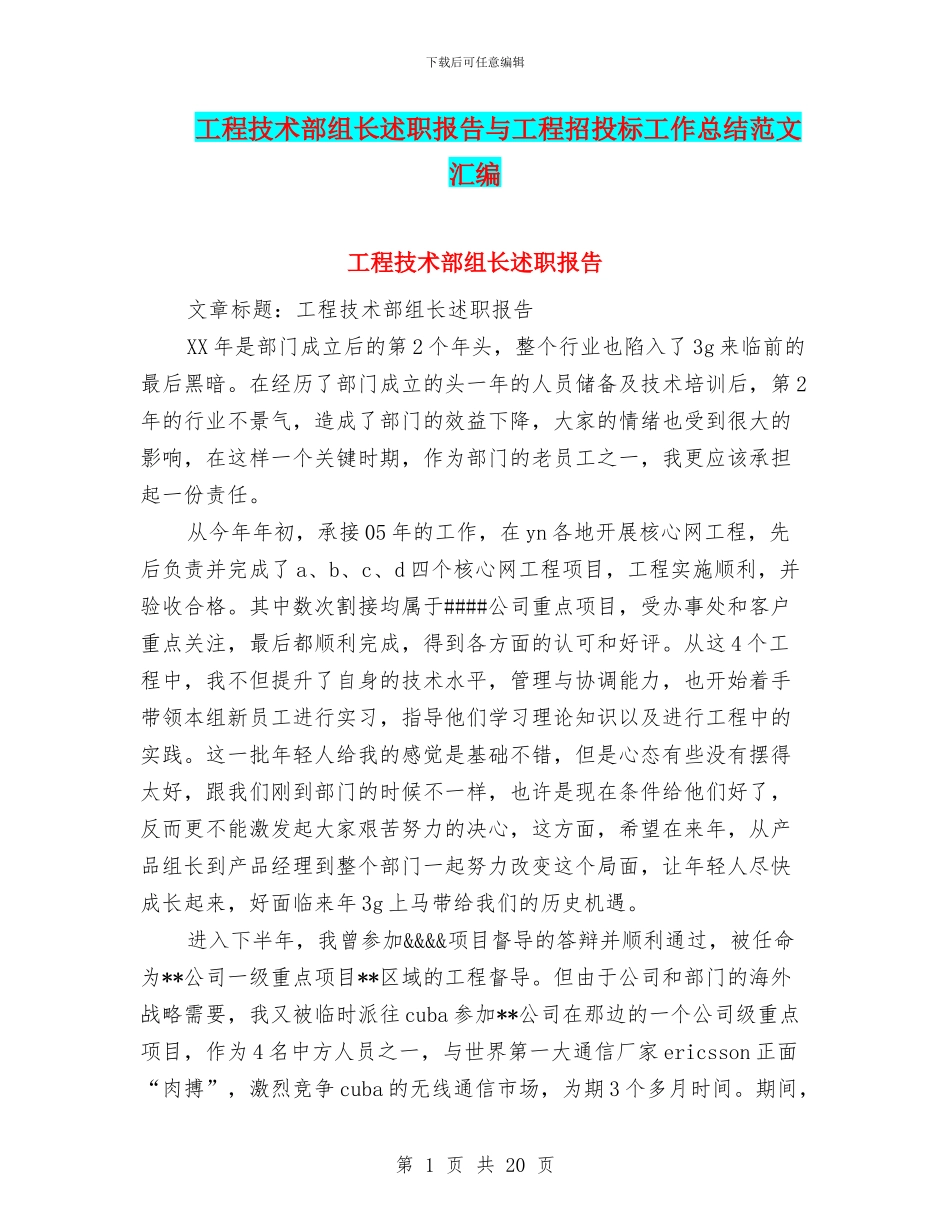 工程技术部组长述职报告与工程招投标工作总结范文汇编_第1页