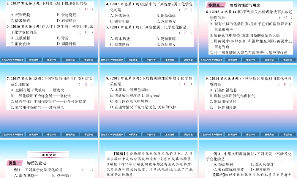 中考化学复习 第1编 教材知识梳理篇 第1单元 走进化学世界 第1讲 物质的变化和性质(精讲)课件