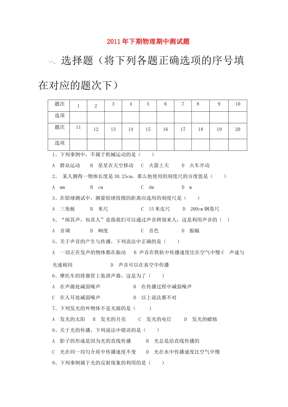 八年级物理下期期中测试题(无答案) 沪科版 课件_第1页