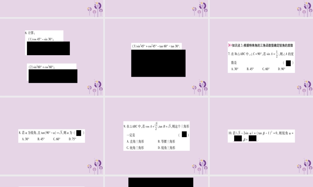 九年级数学上册 第23章 解直角三角形 231 锐角的三角函数 2312 30°，45°，60°角的三角函数值 第1课时 30°，45°，60°角的三角函数值作业课件 (新版)沪科版 课件