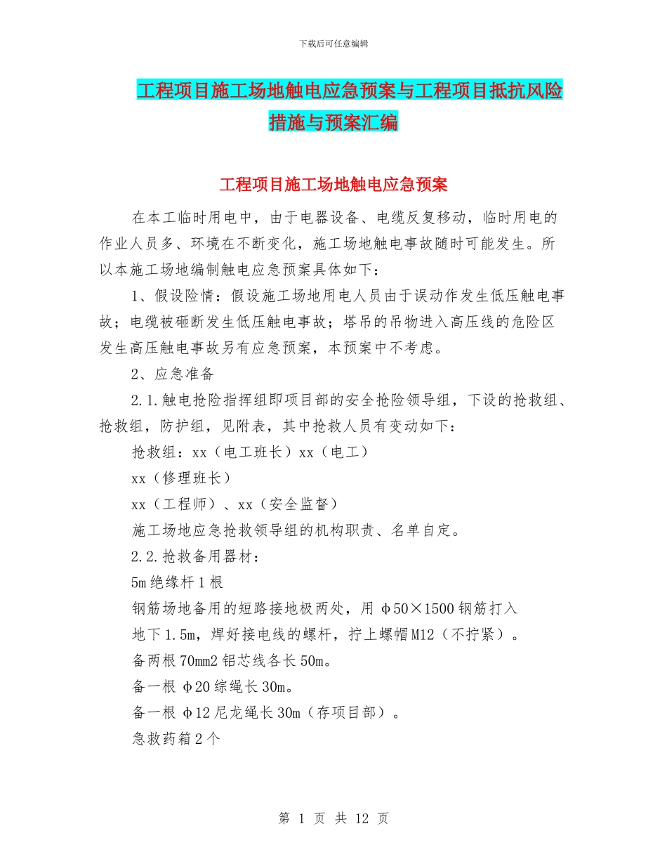 工程项目工地触电应急预案与工程项目抵抗风险措施与预案汇编_第1页