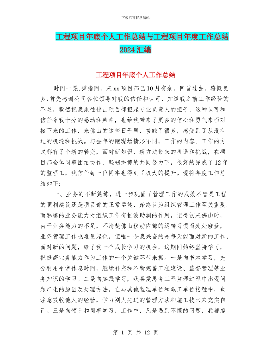 工程项目年底个人工作总结与工程项目年度工作总结2024汇编_第1页