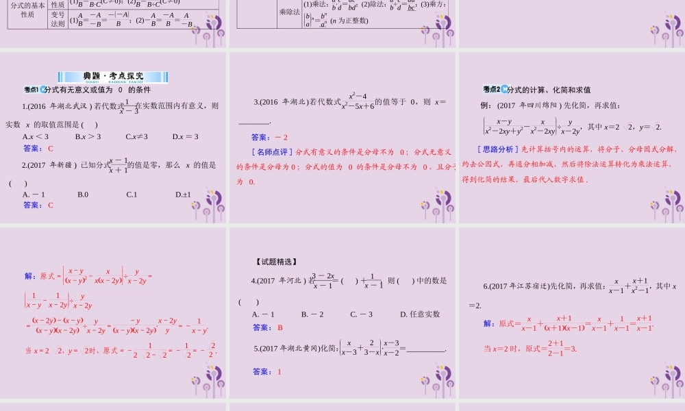 广东省中考数学复习 第一部分 中考基础复习 第一章 数与式 第2讲 整式与分式 第2课时 分式课件