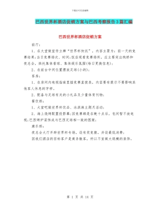 巴西世界杯酒店促销方案与巴西考察报告3篇汇编