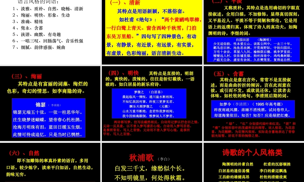 古典诗歌鉴赏语言及风格 高考专题指导 诗歌鉴赏课件锦[整理17套]人教版 高考专题指导 诗歌鉴赏课件锦[整理17套]人教版