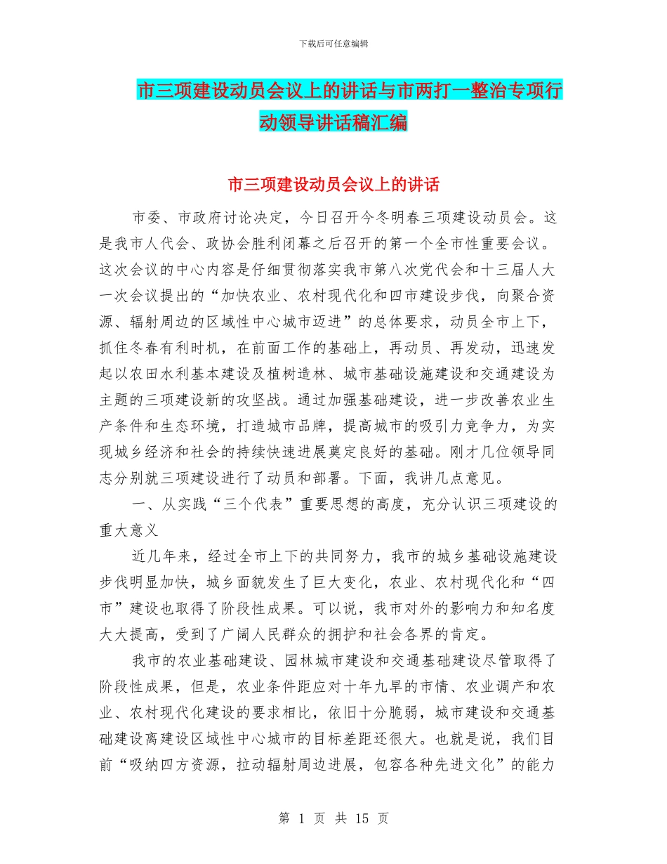 市三项建设动员会议上的讲话与市两打一整治专项行动领导讲话稿汇编_第1页
