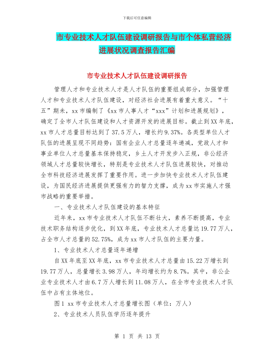 市专业技术人才队伍建设调研报告与市个体私营经济发展状况调查报告汇编_第1页