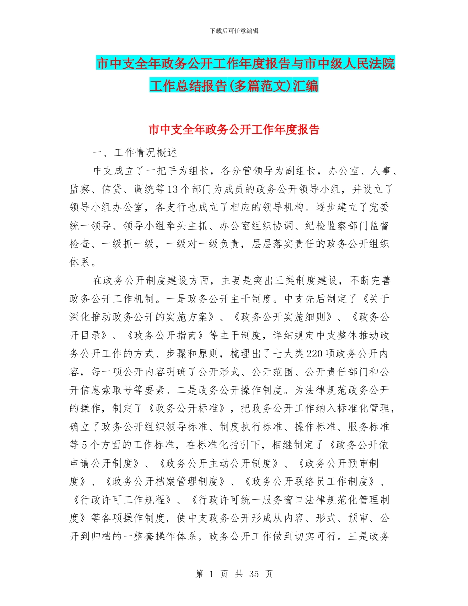 市中支全年政务公开工作年度报告与市中级人民法院工作总结报告汇编_第1页