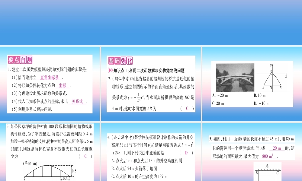 九年级数学下册 第1章 二次函数 15 二次函数的应用 第1课时 利用二次函数解决实物抛物线问题、面积问题作业课件 (新版)湘教版 课件