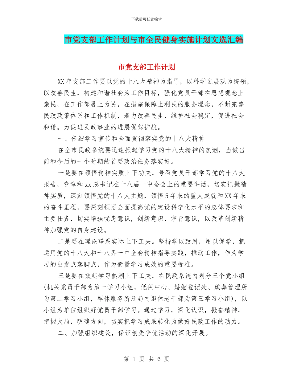 市党支部工作计划与市全民健身实施计划文选汇编_第1页