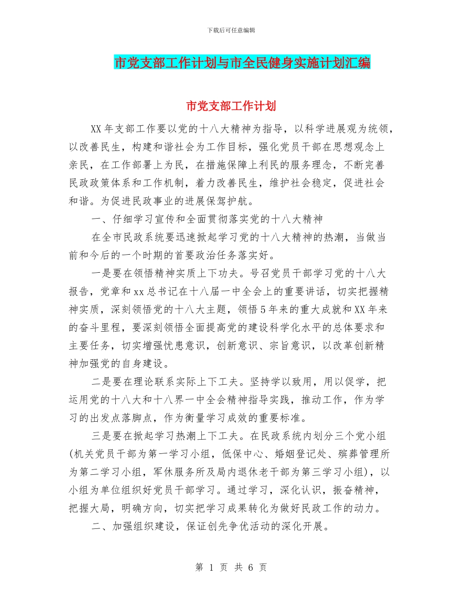 市党支部工作计划与市全民健身实施计划汇编_第1页