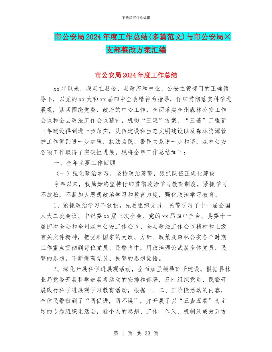 市公安局2024年度工作总结与市公安局×支部整改方案汇编_第1页