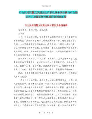 市公安局刑警支队副支队长职位竞争演讲稿与市公路局关于处置破坏性地震应急预案汇编