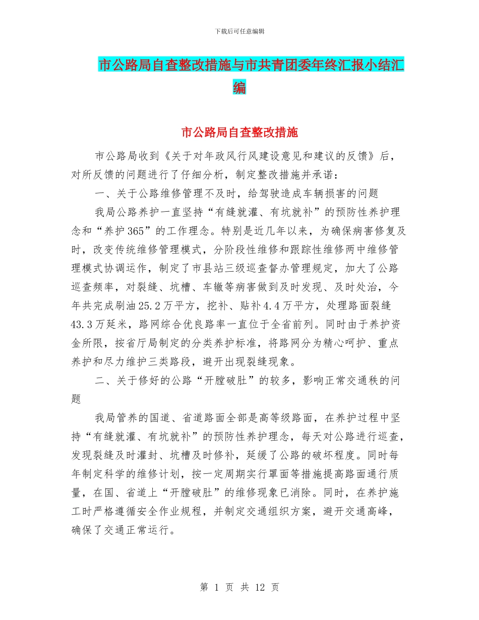 市公路局自查整改措施与市共青团委年终汇报小结汇编_第1页