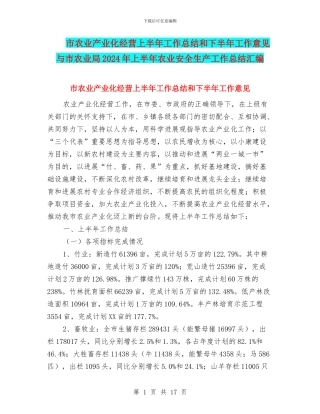 市农业产业化经营上半年工作总结和下半年工作意见与市农业局2024年上半年农业安全生产工作总结汇编