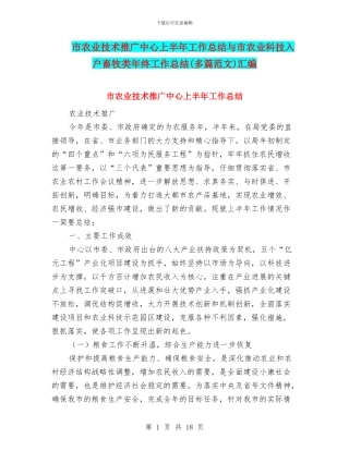 市农业技术推广中心上半年工作总结与市农业科技入户畜牧类年终工作总结汇编