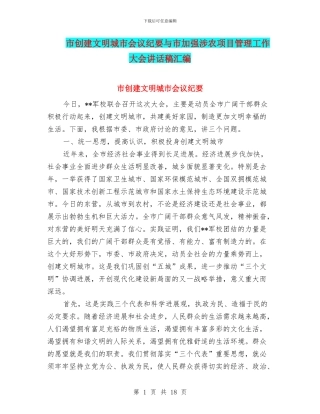 市创建文明城市会议纪要与市加强涉农项目管理工作大会讲话稿汇编